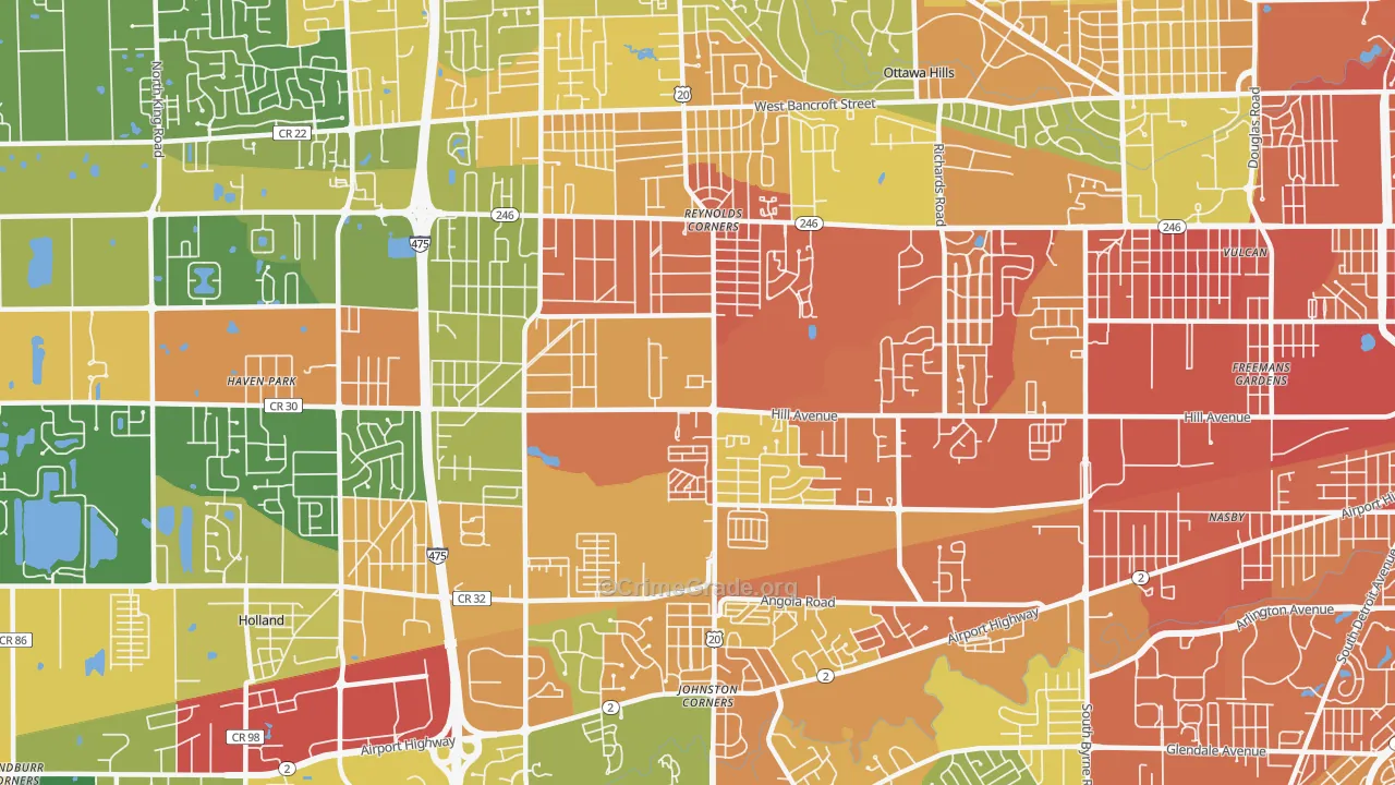 Reynolds Corners, Toledo, OH Map of Robbery Rates