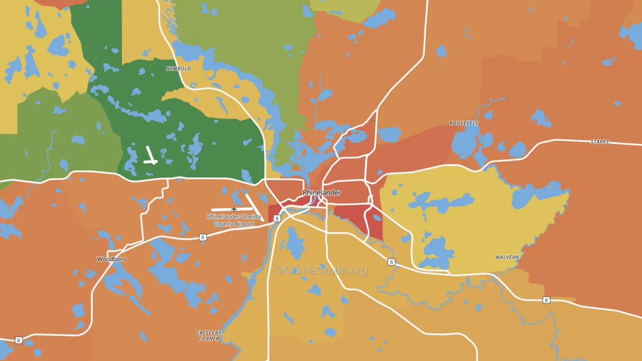 Rhinelander, WI Map of Robbery Rates