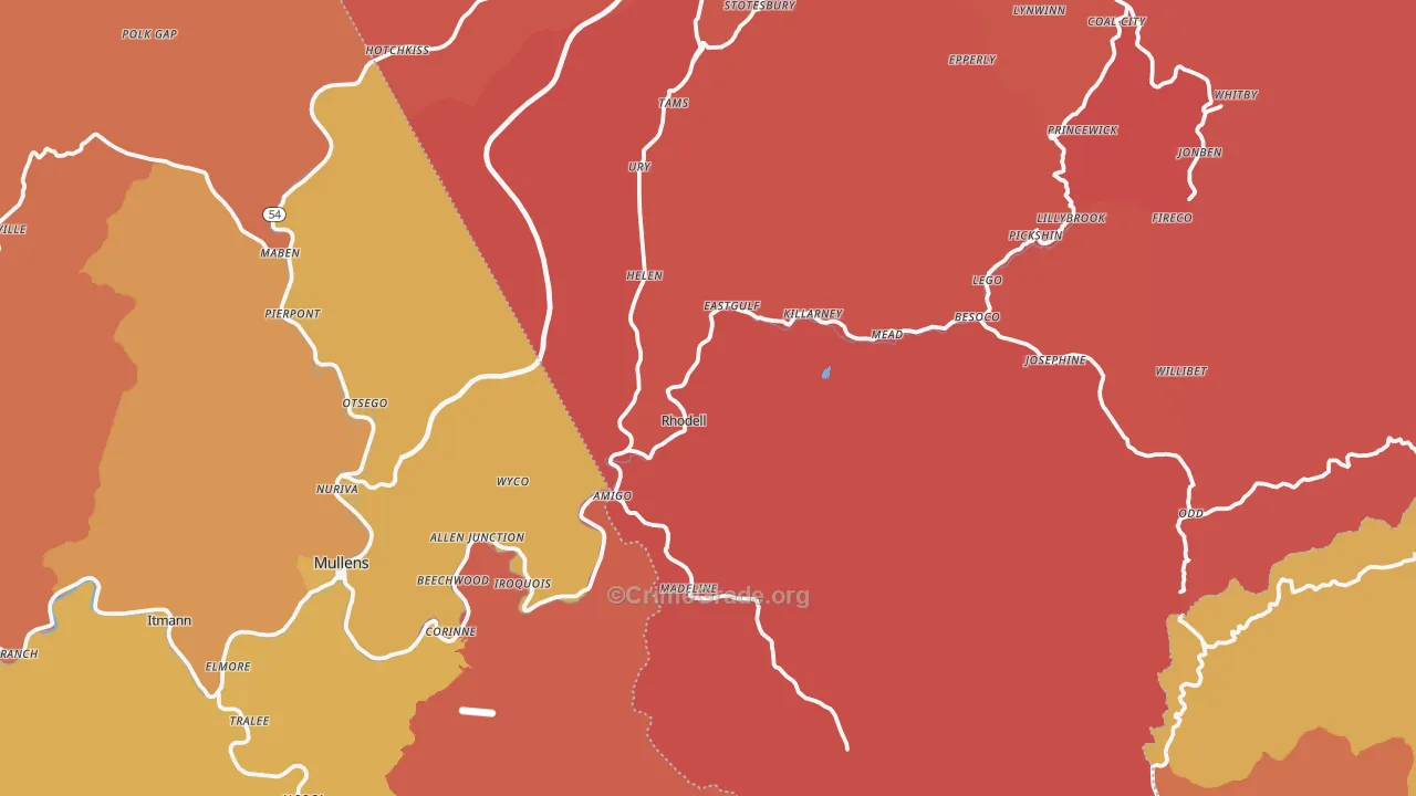 Rhodell, WV Map of Robbery Rates