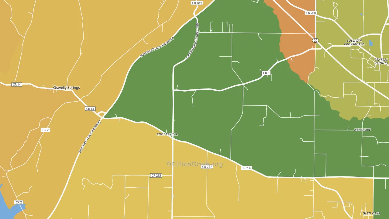 Rhodesville, AL Map of Robbery Rates