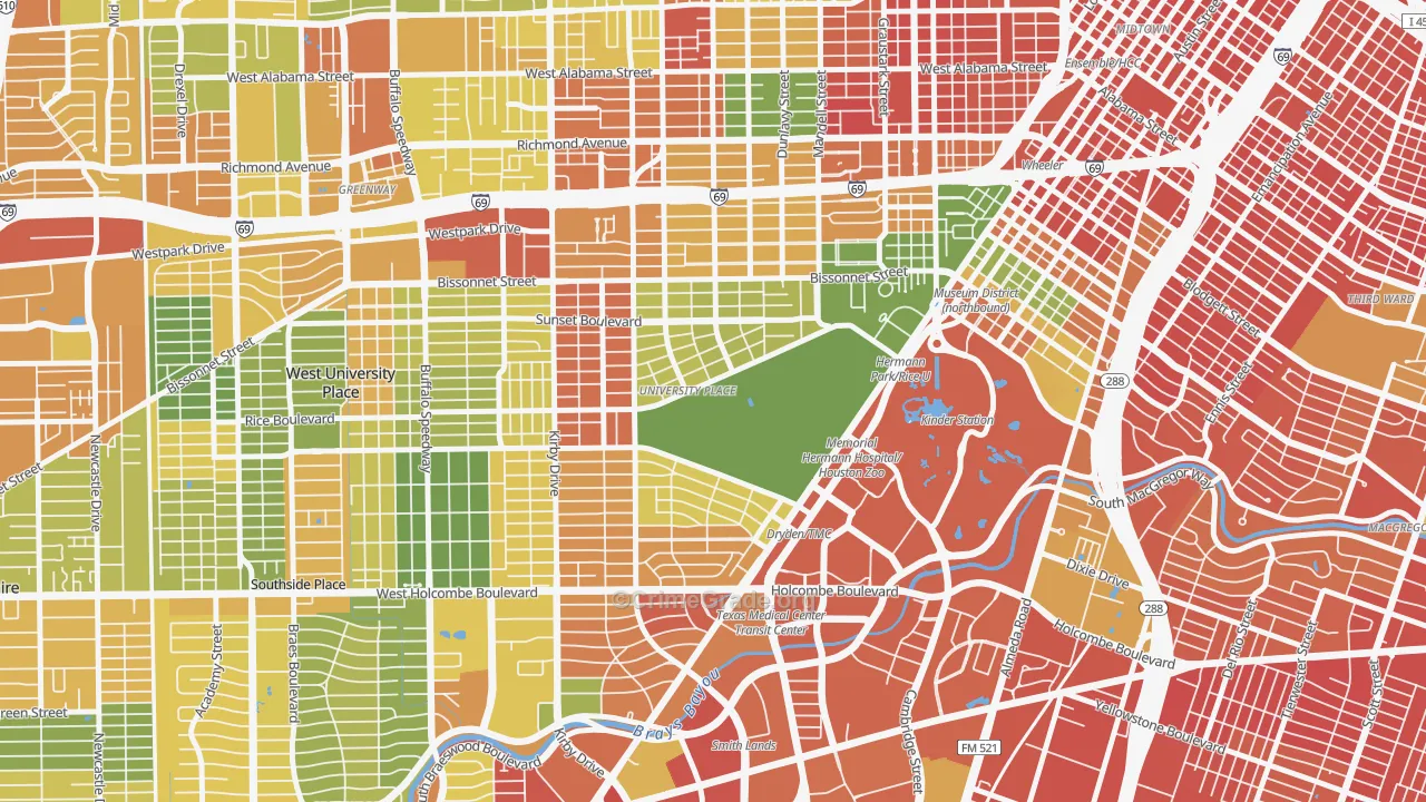 Rice, Houston, TX Map of Robbery Rates