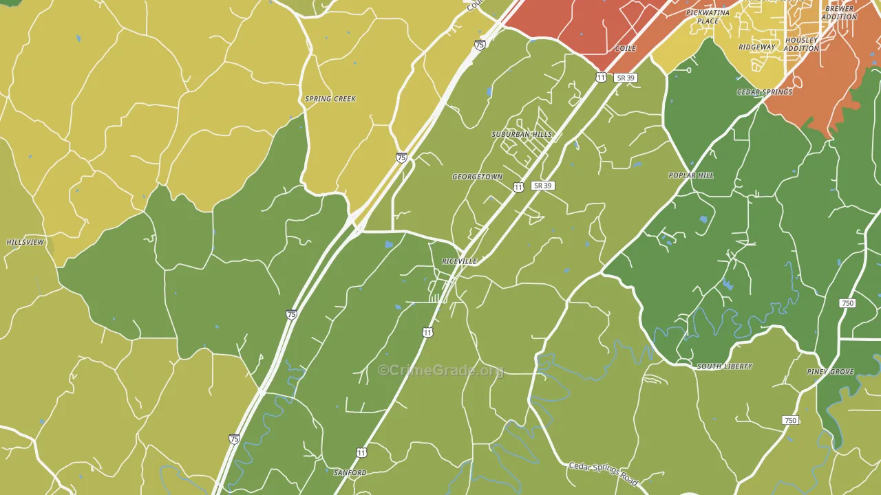Riceville, TN Map of Robbery Rates