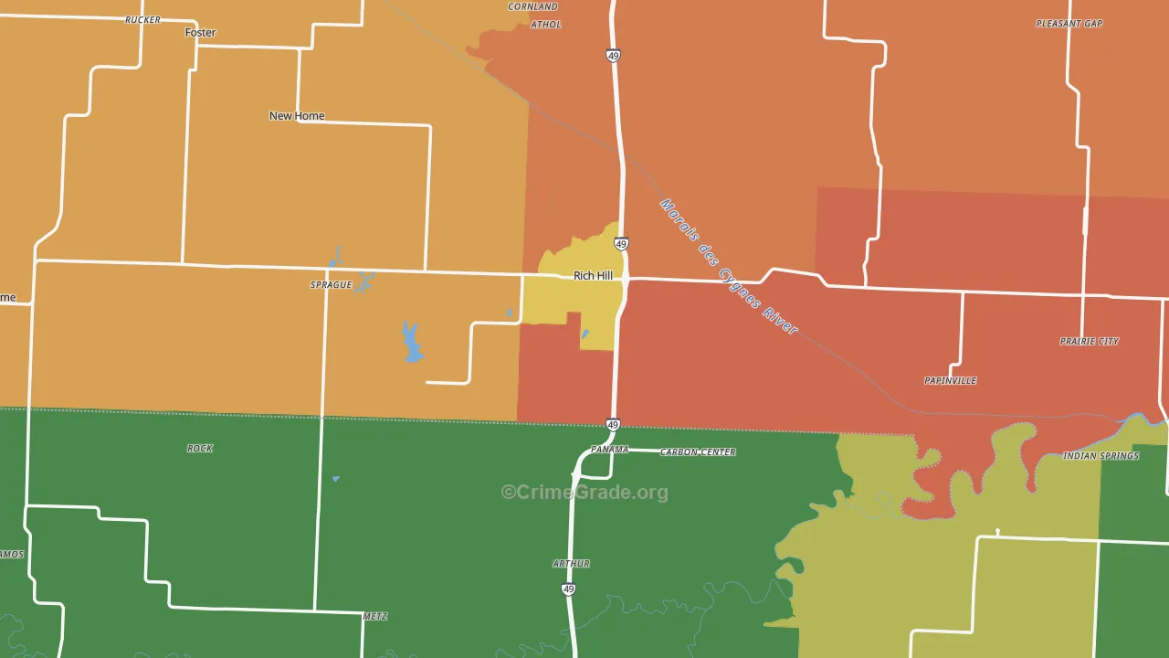 Rich Hill, MO Map of Robbery Rates