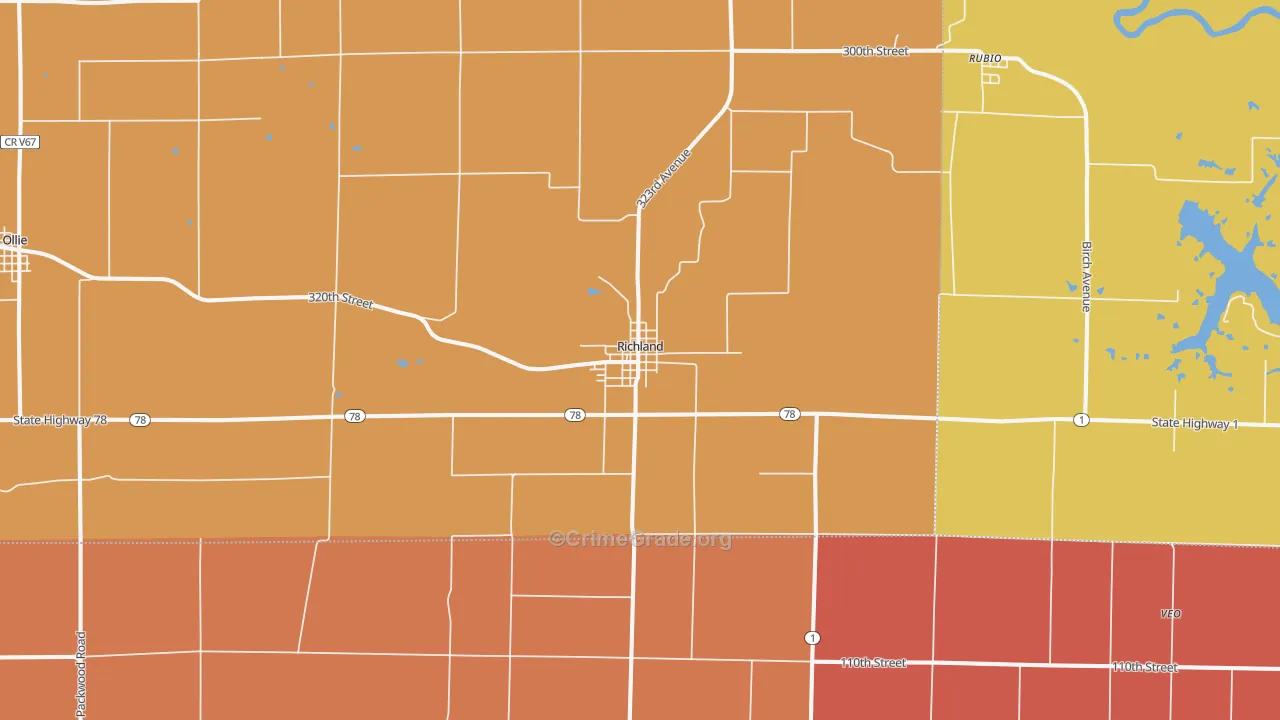 Richland, IA Map of Robbery Rates