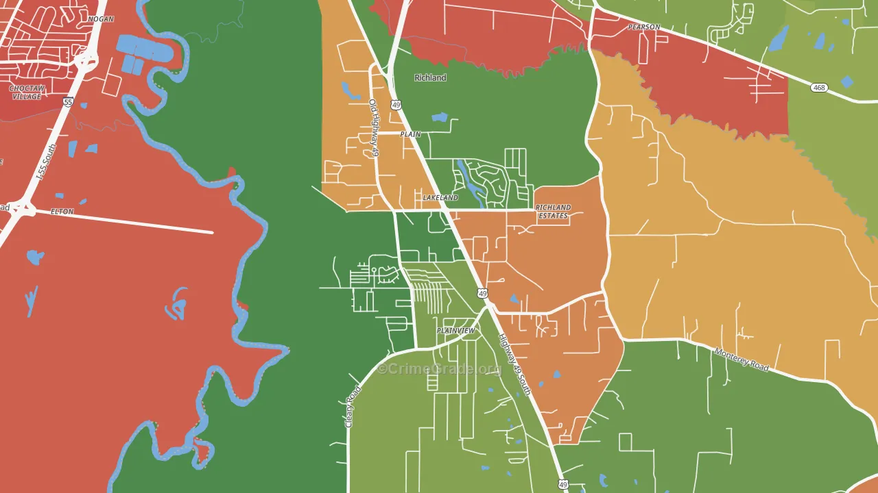 Richland, MS Map of Robbery Rates