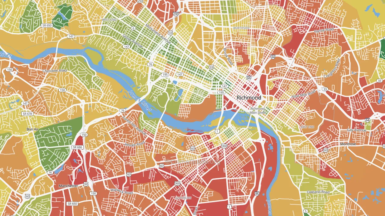 Richmond City, VA Map of Robbery Rates