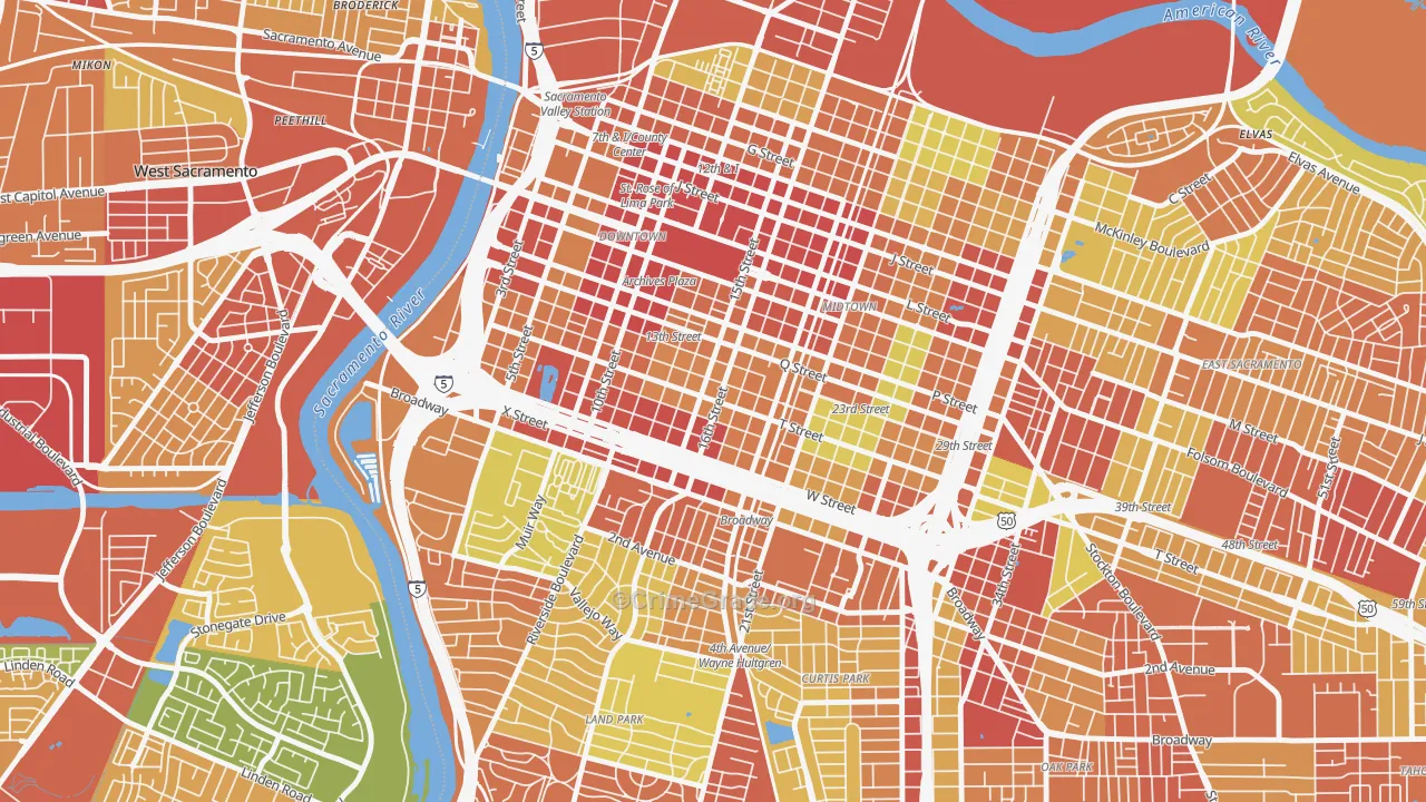 Richmond Grove, Sacramento, CA Map of Robbery Rates