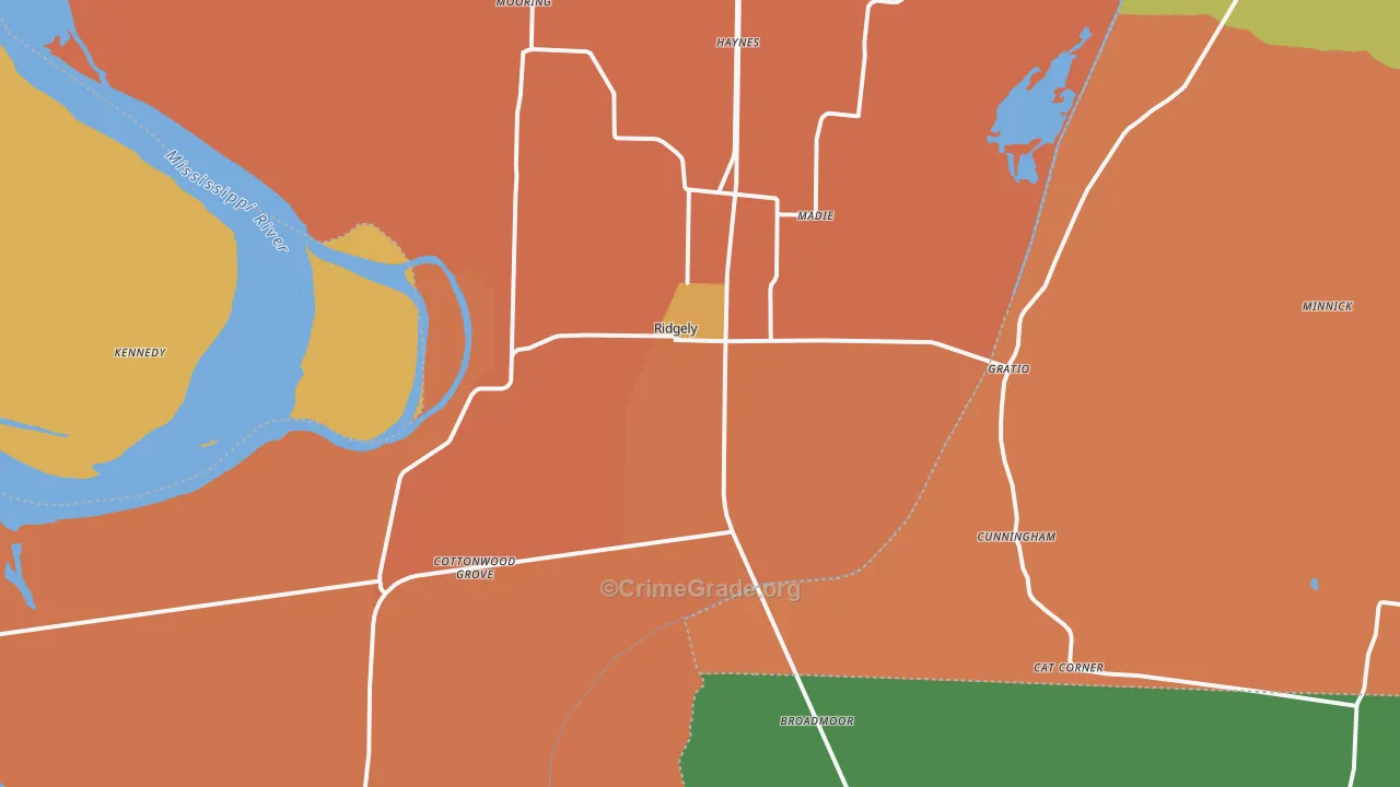 Ridgely, TN Map of Robbery Rates