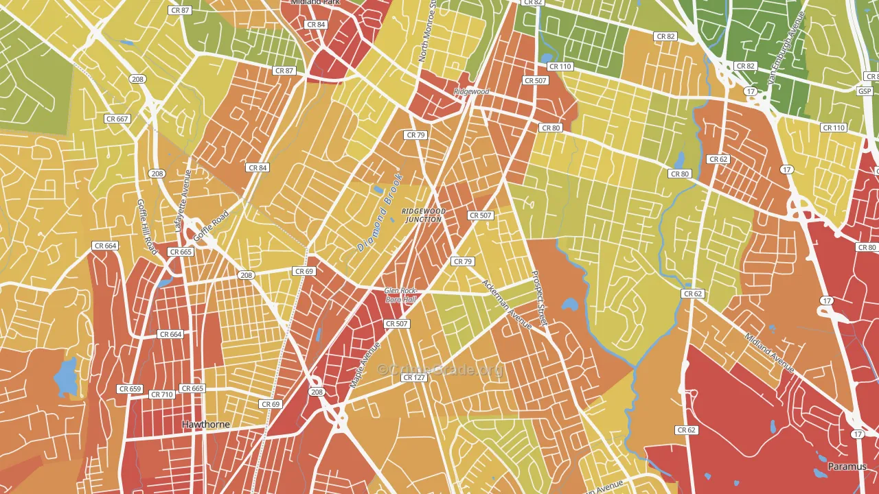 Ridgewood Junction, Glen Rock, NJ Map of Robbery Rates