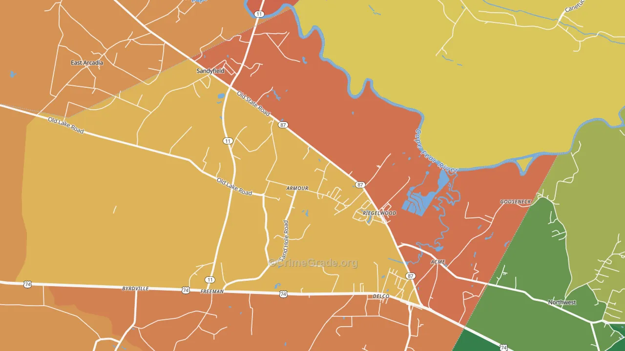 Riegelwood, NC Map of Robbery Rates