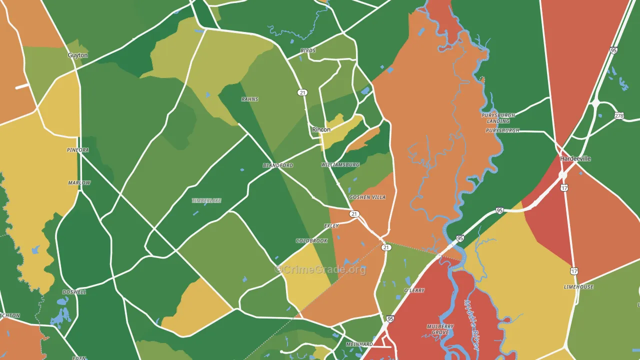 Rincon, GA Map of Robbery Rates