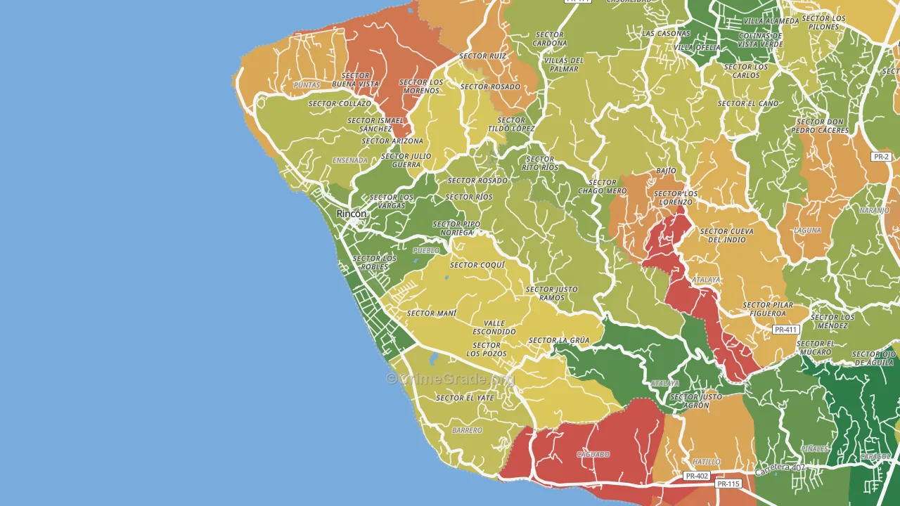 Rincon Municipio, PR Map of Robbery Rates