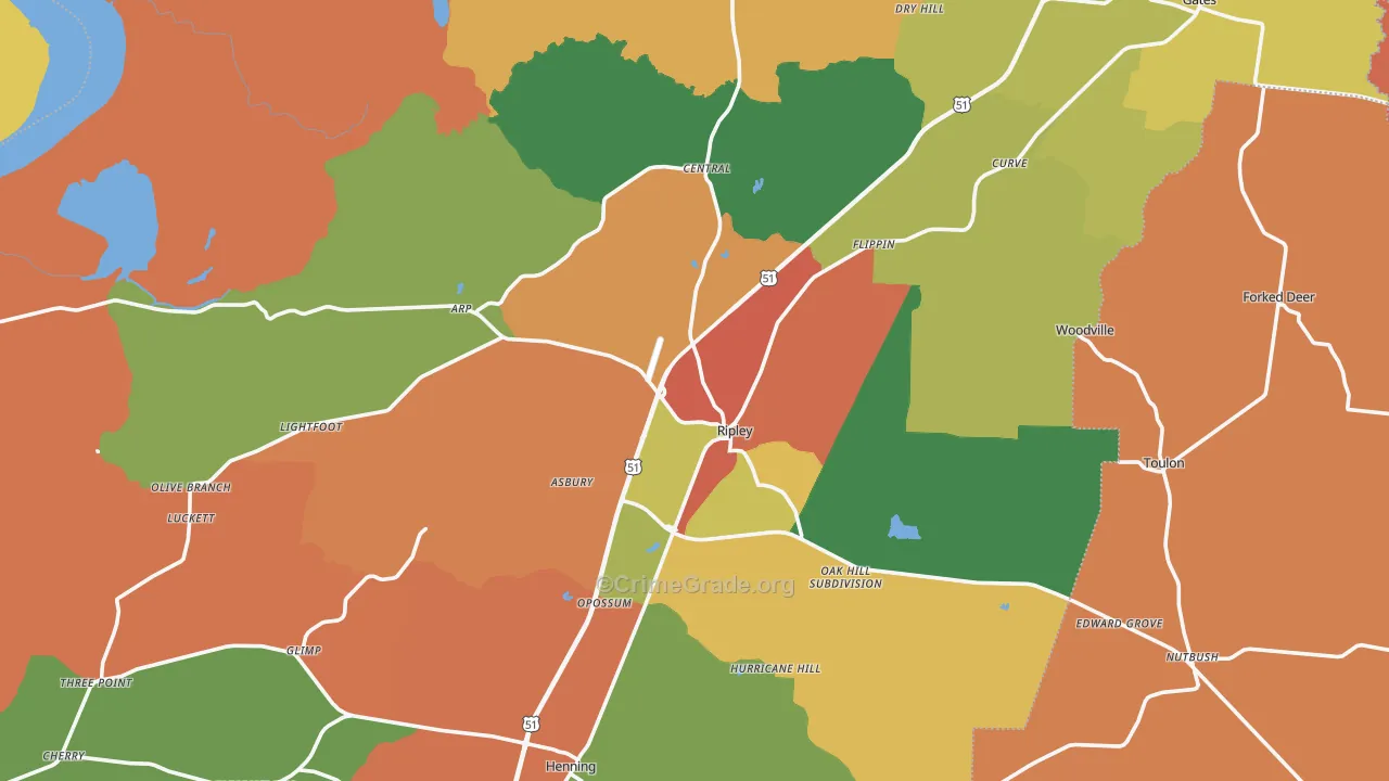 Ripley, TN Map of Robbery Rates