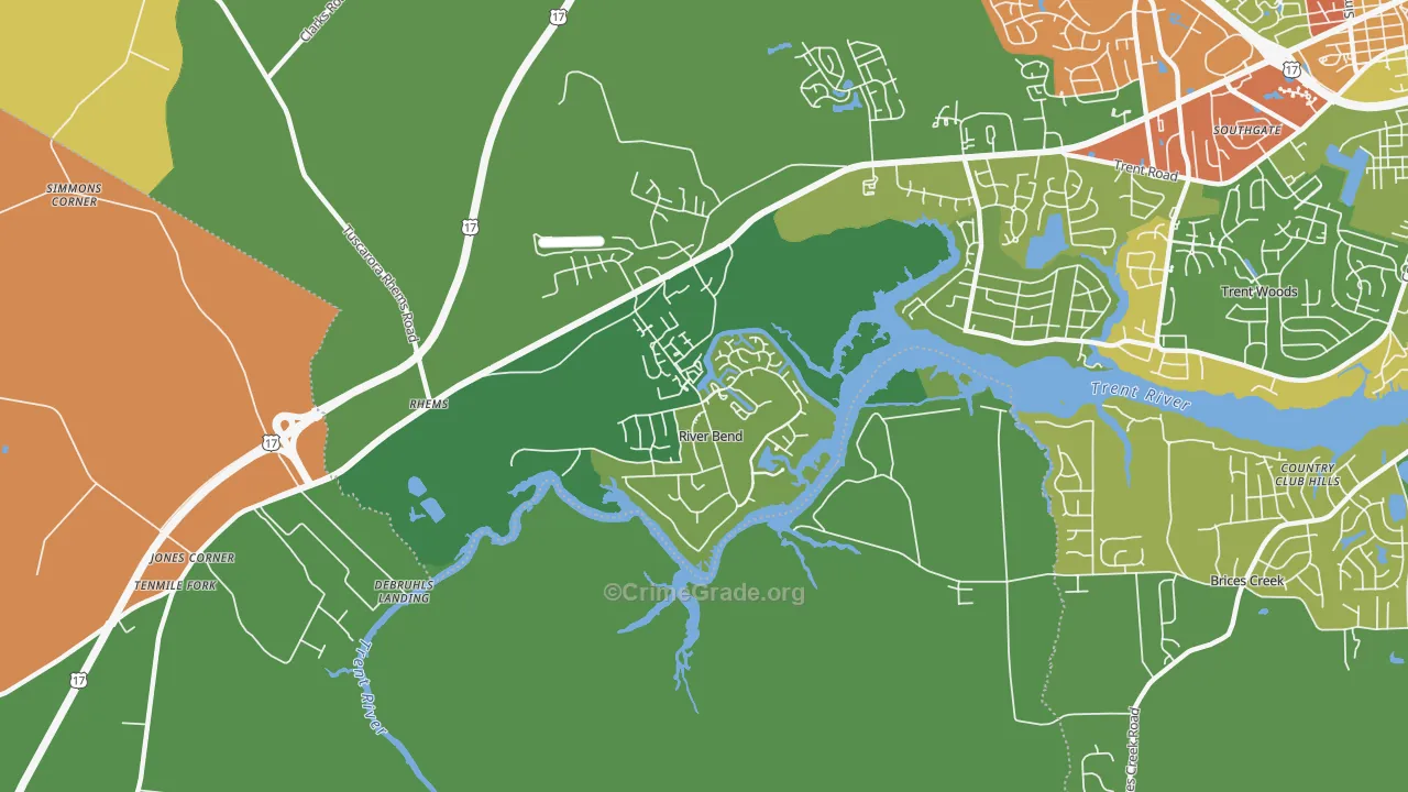 River Bend, NC Map of Robbery Rates