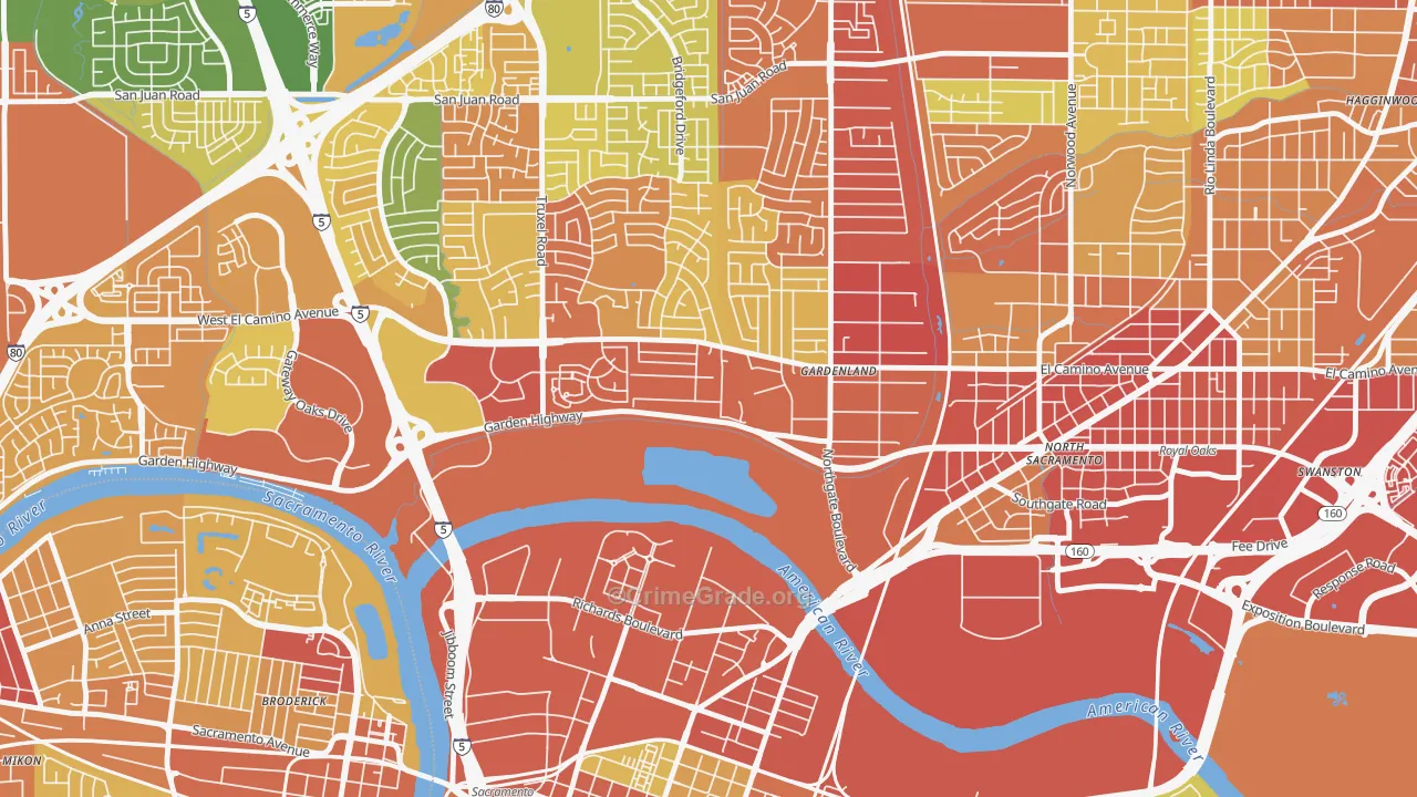 River Gardens, Sacramento, CA Map of Robbery Rates