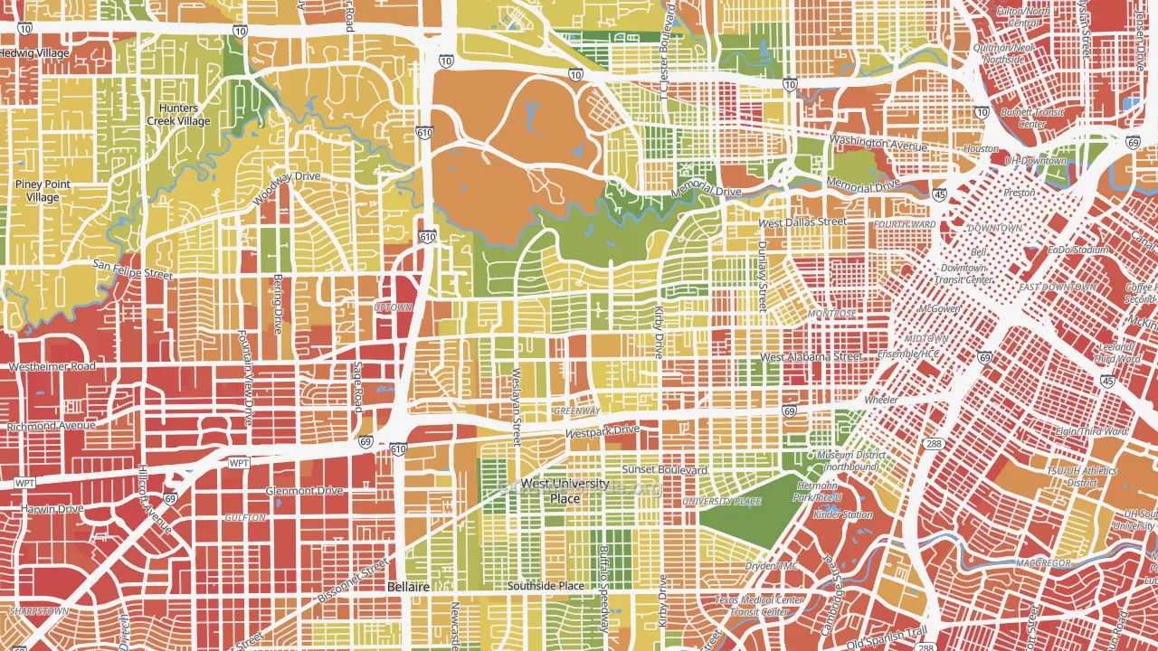 River Oaks, Houston, TX Map of Robbery Rates