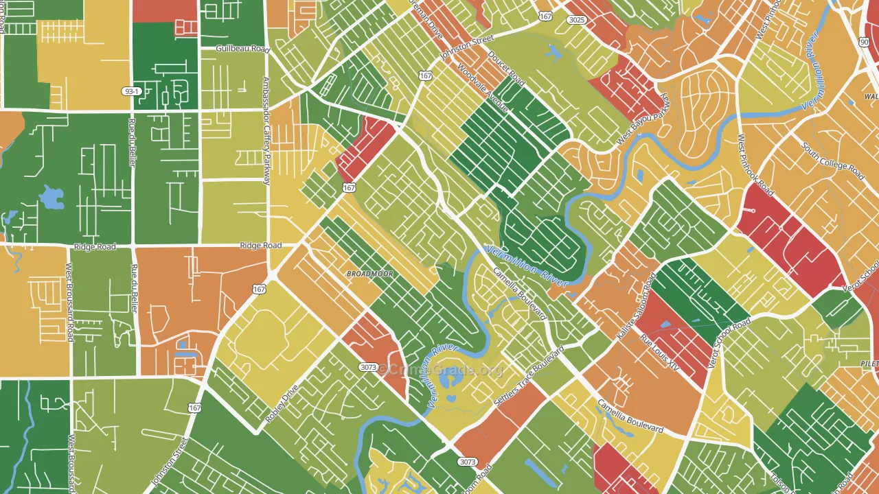 Rivers Bend Estates, Lafayette, LA Map of Robbery Rates
