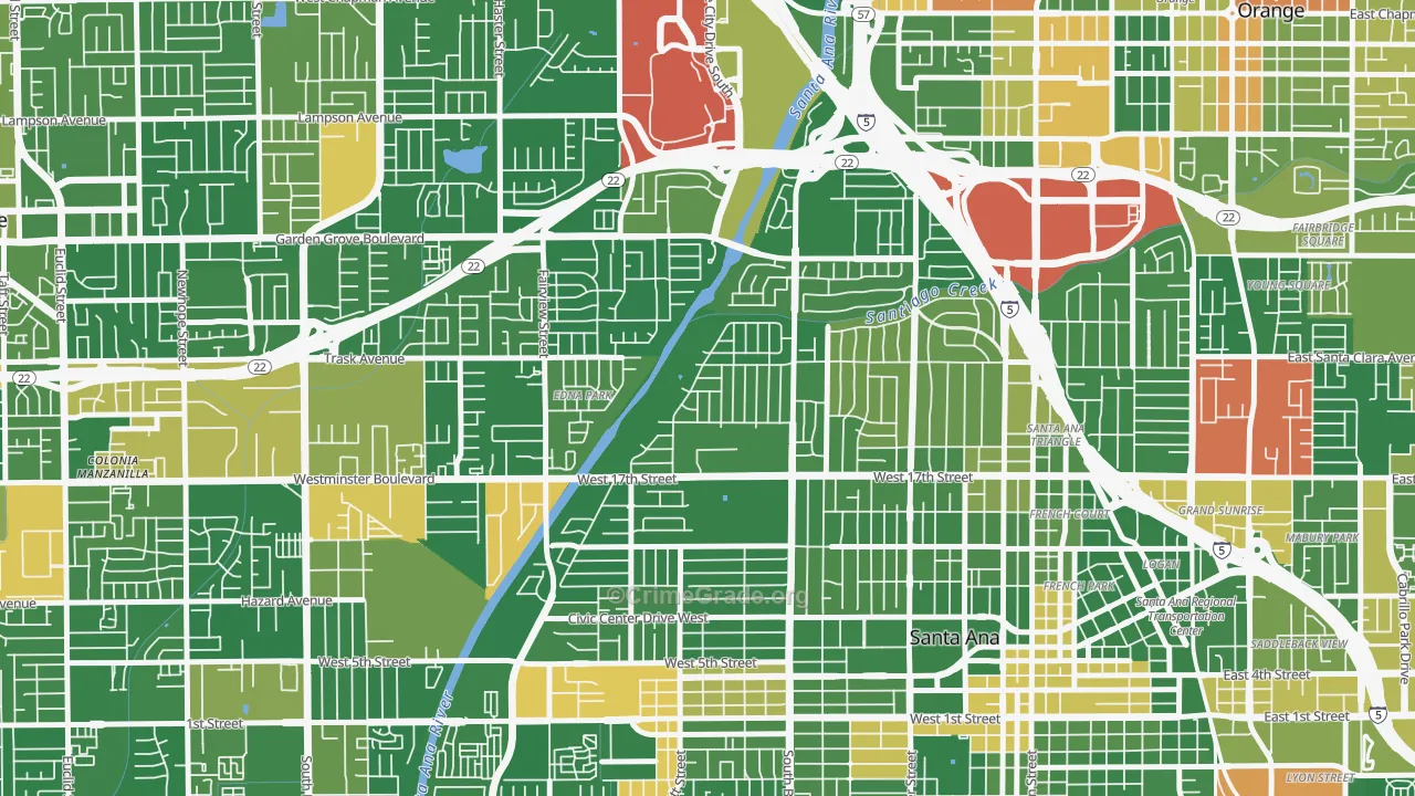 Riverview-Santa Ana, Santa Ana, CA Map of Robbery Rates