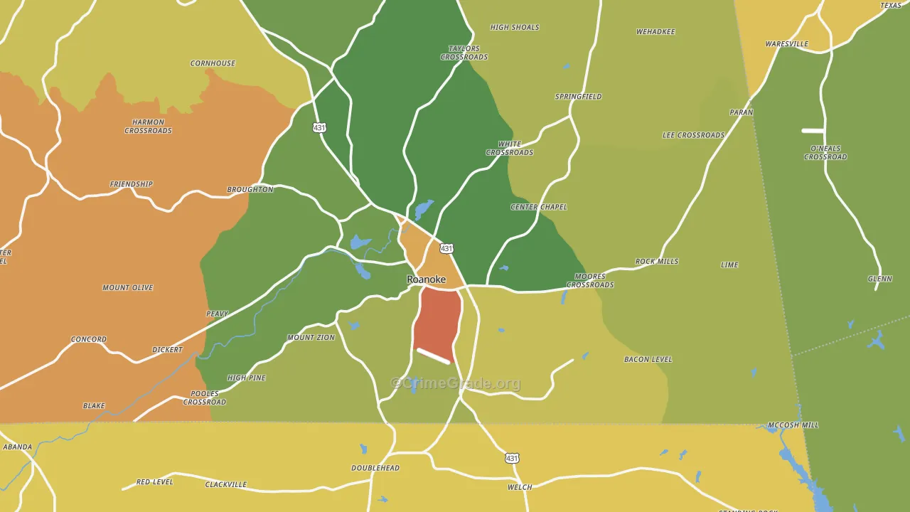Roanoke, AL Map of Robbery Rates