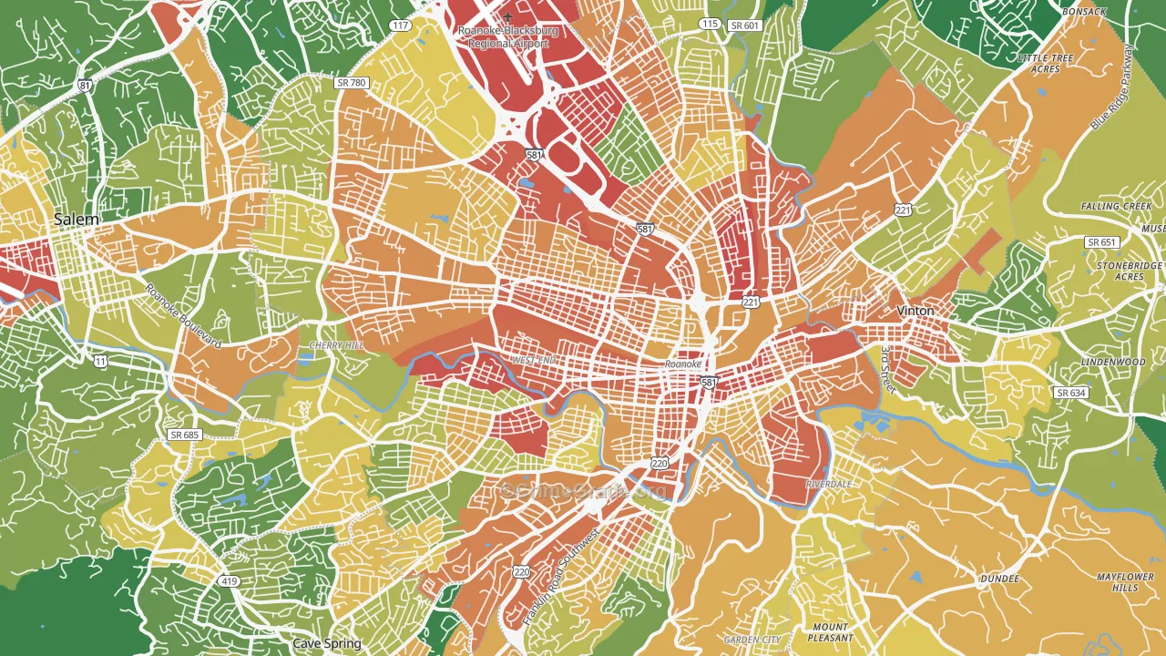 Roanoke City, VA Map of Robbery Rates