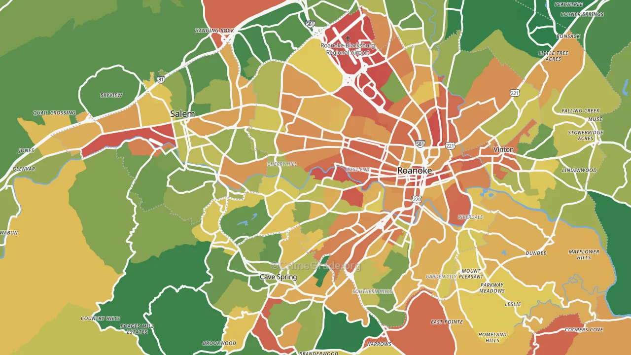 Roanoke County, VA Map of Robbery Rates