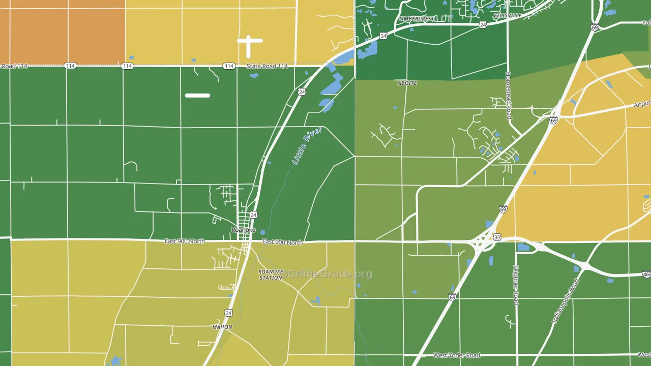 Roanoke, IN Map of Robbery Rates