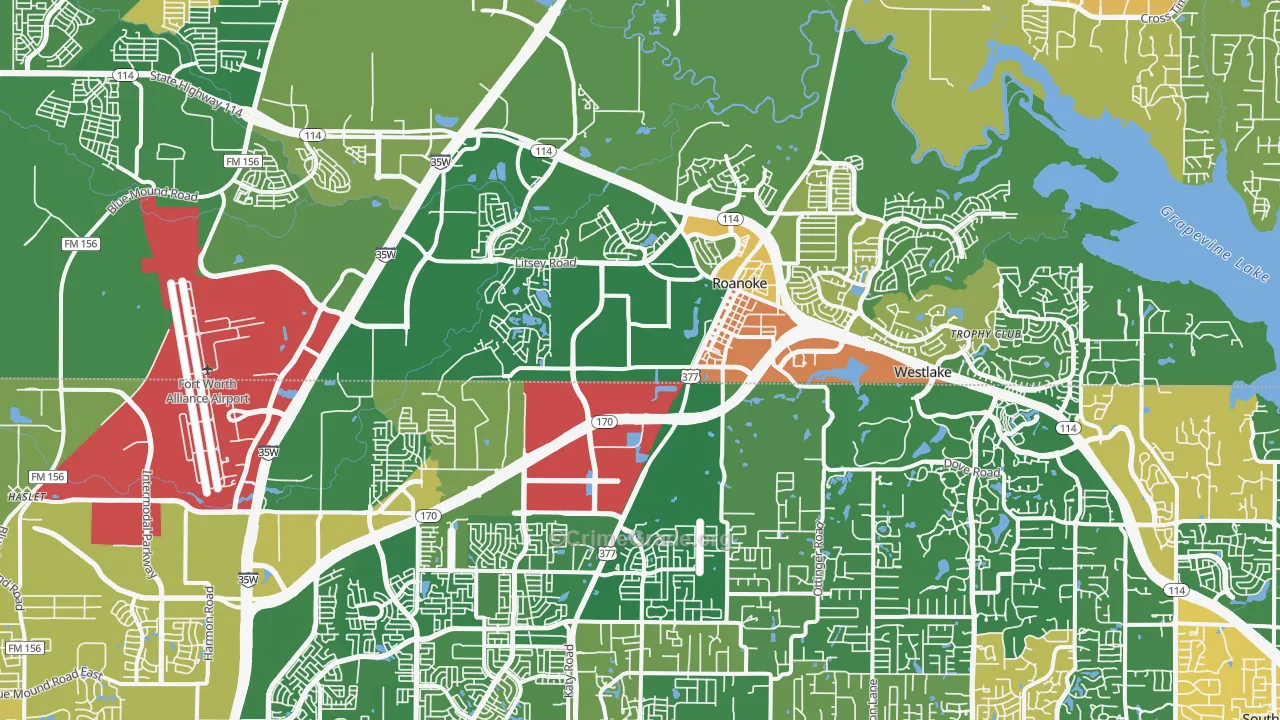 Roanoke, TX Map of Robbery Rates