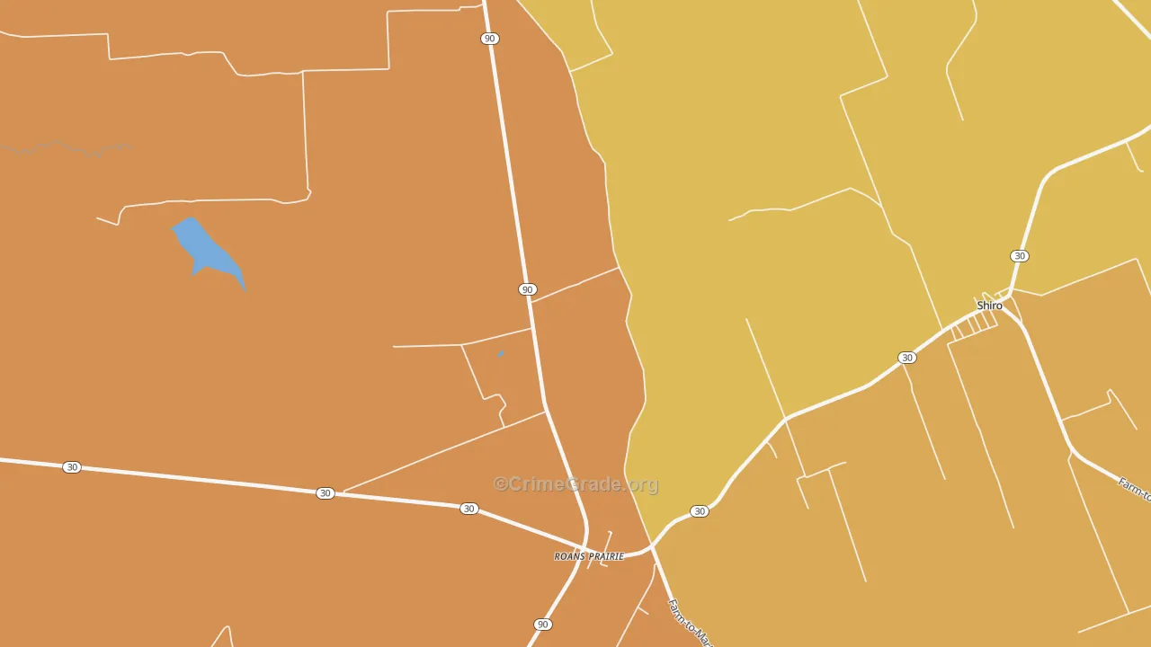 Roans Prairie, TX Map of Robbery Rates