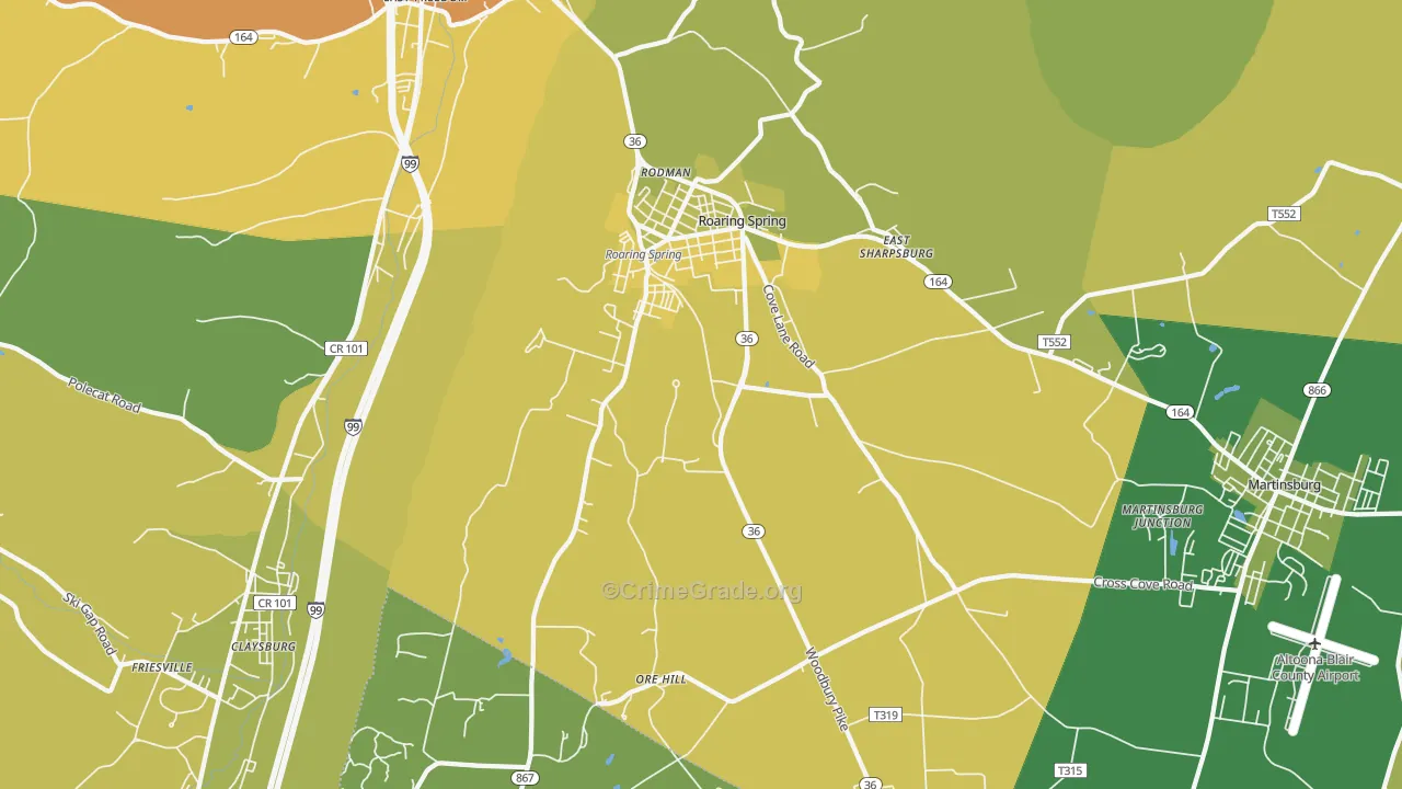 Roaring Spring, PA Map of Robbery Rates
