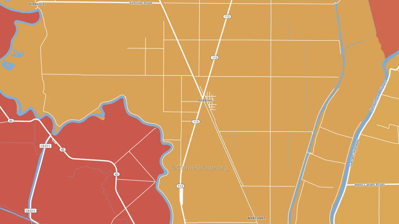 Robbins, CA Map of Robbery Rates