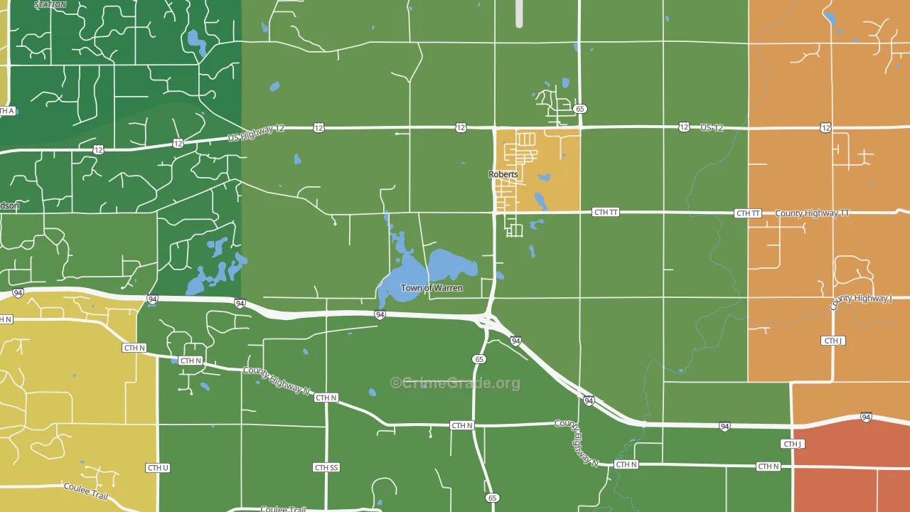Roberts, WI Map of Robbery Rates