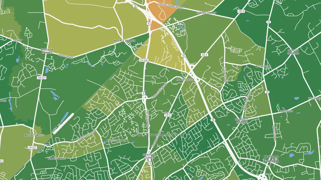 Robertsville, NJ Map of Robbery Rates