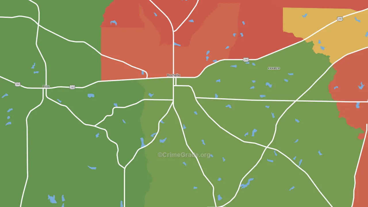 Rochelle, GA Map of Robbery Rates