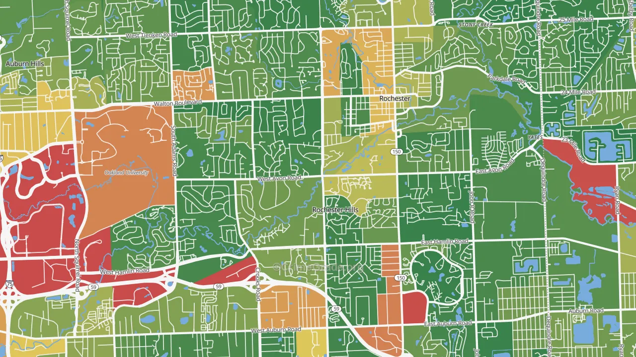 Rochester Hills, MI Map of Robbery Rates