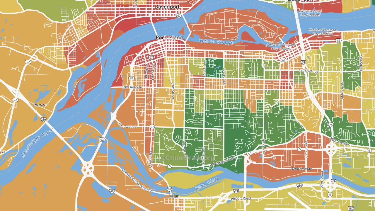 Rock Island, IL Map of Robbery Rates