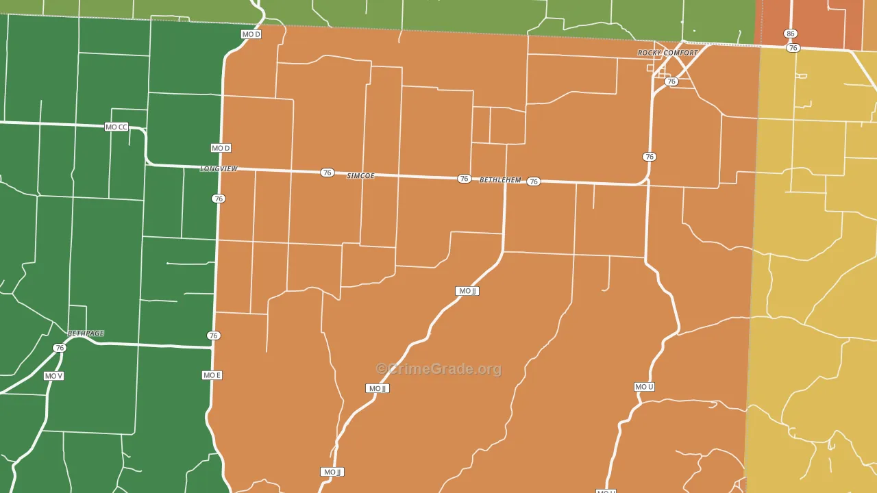 Rocky Comfort, MO Map of Robbery Rates