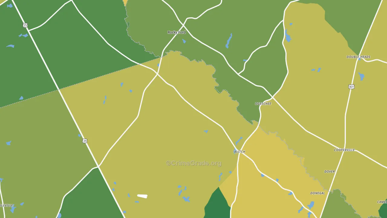 Rocky Ford, GA Map of Robbery Rates