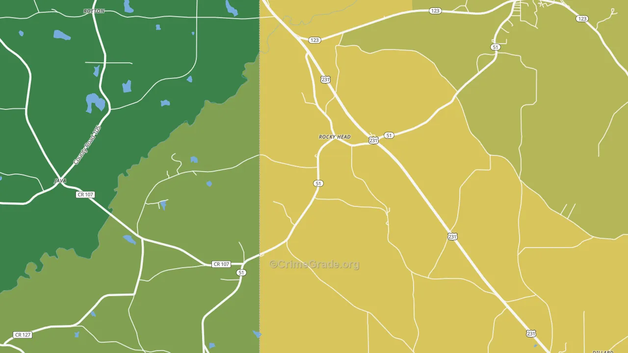 Rocky Head, AL Map of Robbery Rates