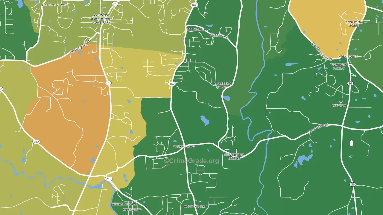 Rocky Plains, GA Map of Robbery Rates