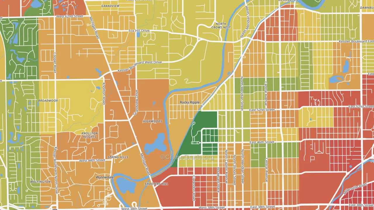 Rocky Ripple, IN Map of Robbery Rates
