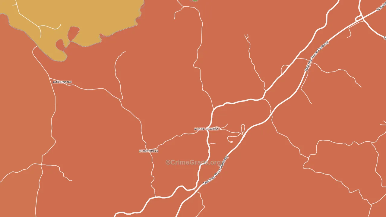 Rocky Springs, MS Map of Robbery Rates