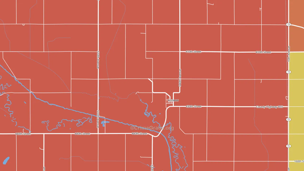 Rodman, IA Map of Robbery Rates