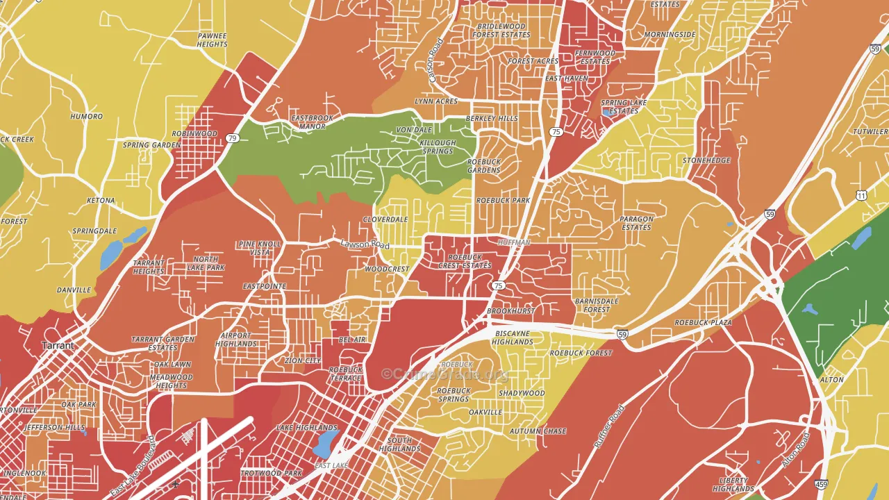 Roebuck, Birmingham, AL Map of Robbery Rates
