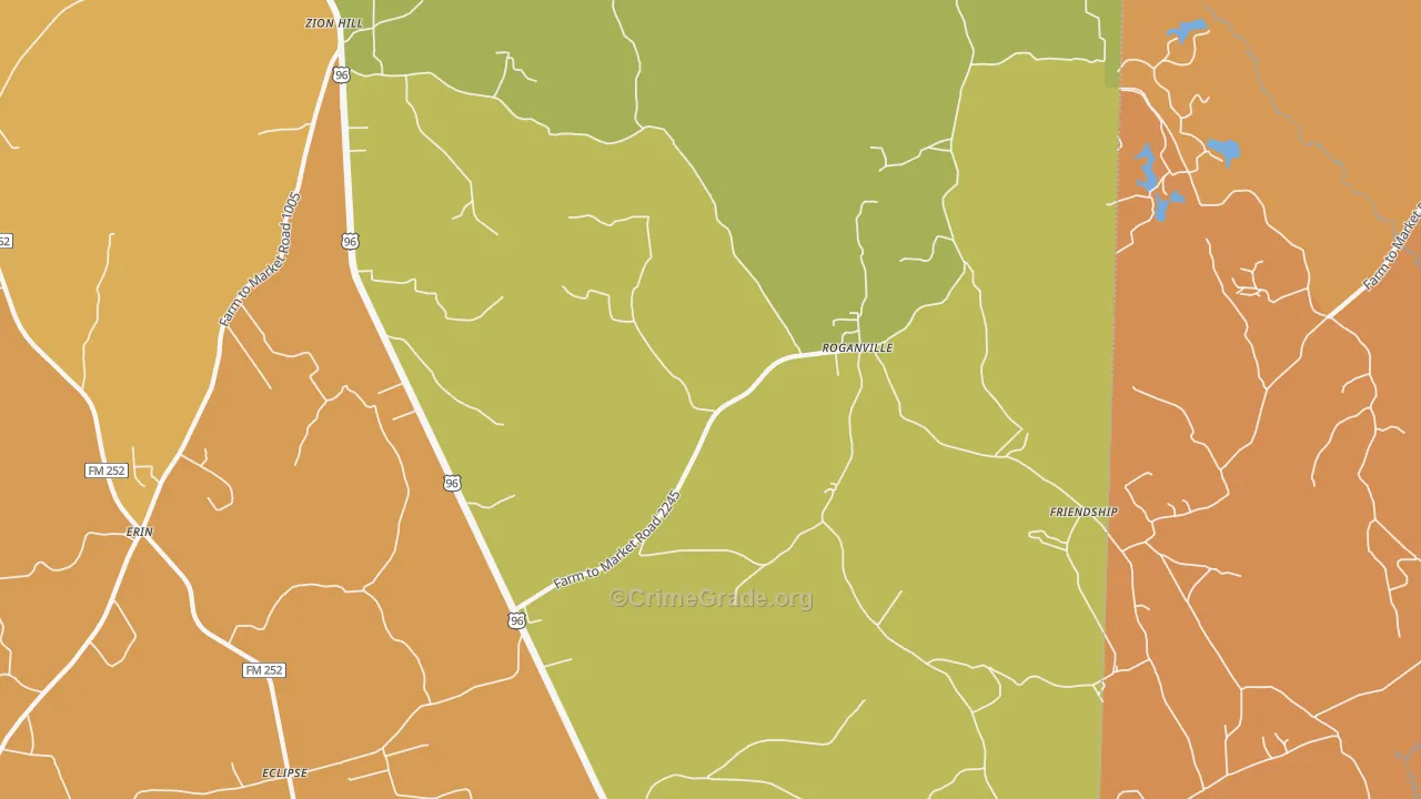Roganville, TX Map of Robbery Rates