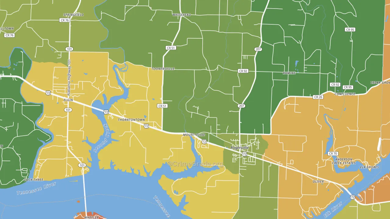 Rogersville, AL Map of Robbery Rates