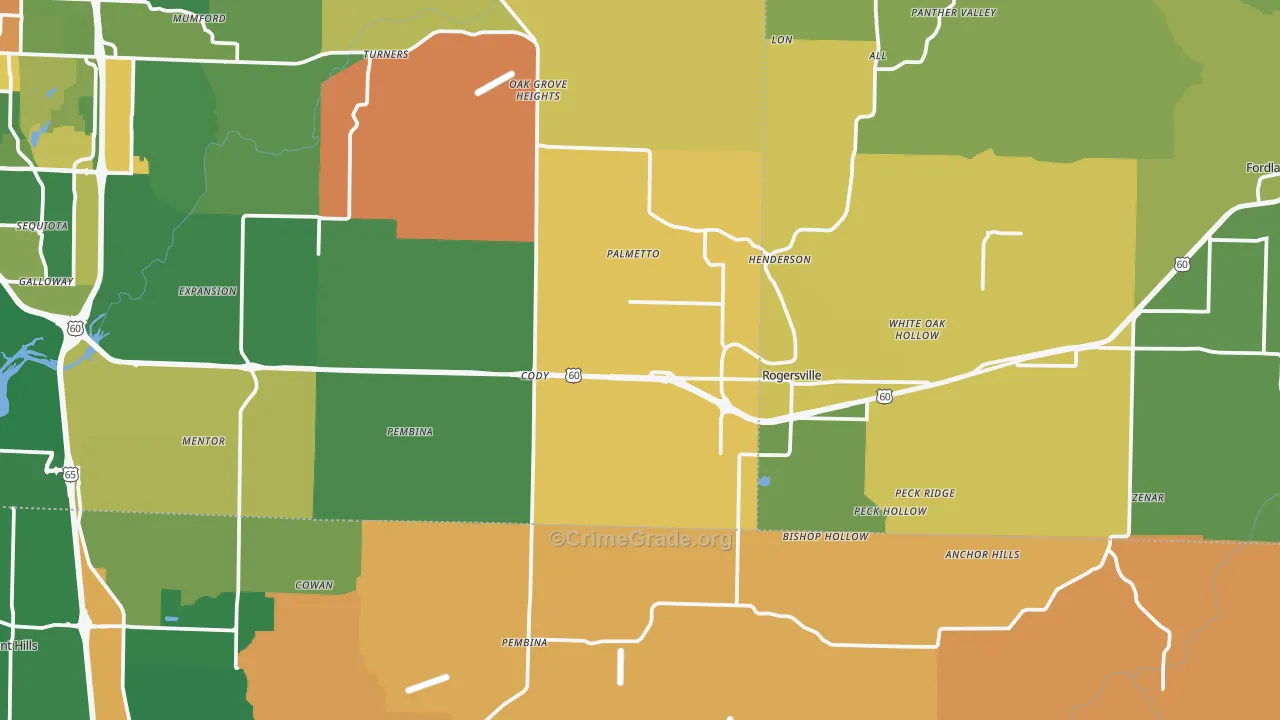 Rogersville, MO Map of Robbery Rates