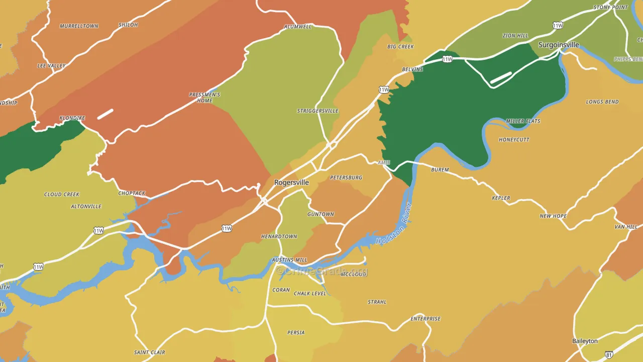 Rogersville, TN Map of Robbery Rates