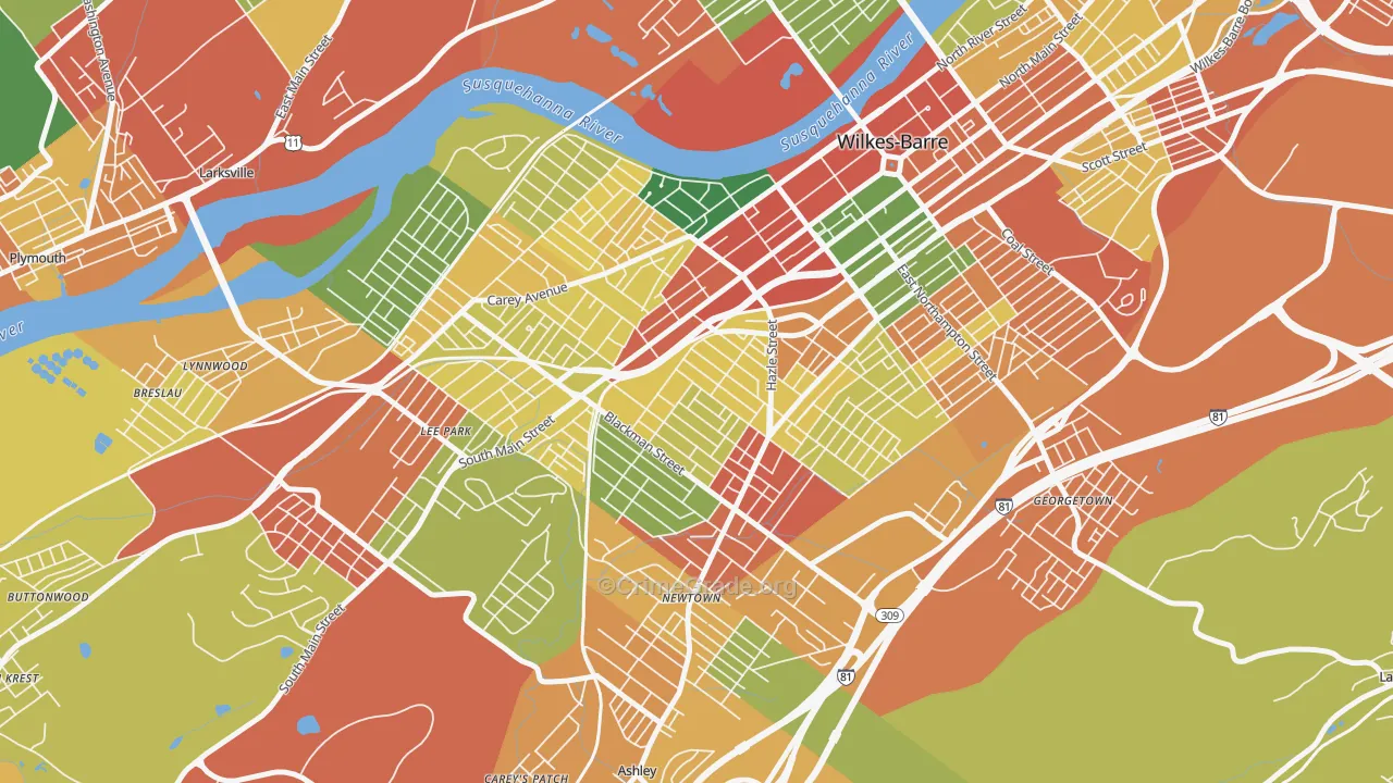 Rolling Mill Hill, Wilkes-Barre, PA Map of Robbery Rates