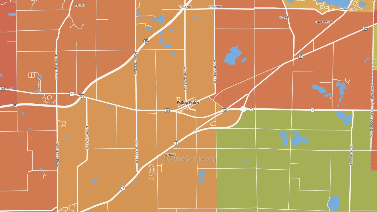 Rolling Prairie, IN Map of Robbery Rates