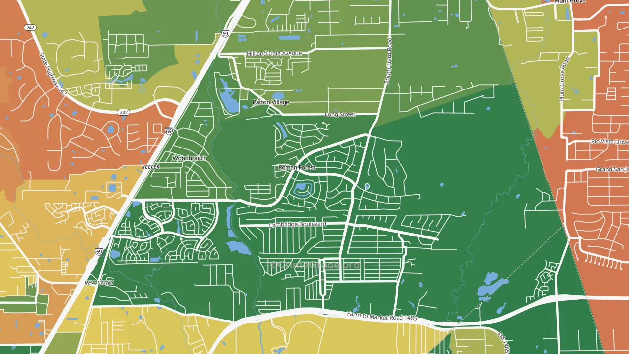 Roman Forest, TX Map of Robbery Rates